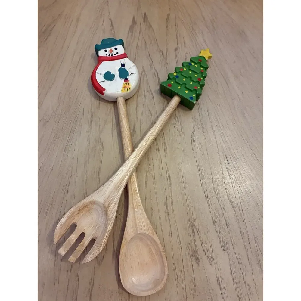 Christmas Serving Spoon Fork Hand Painted Wood Snowman Tree Salad Pasta Holiday